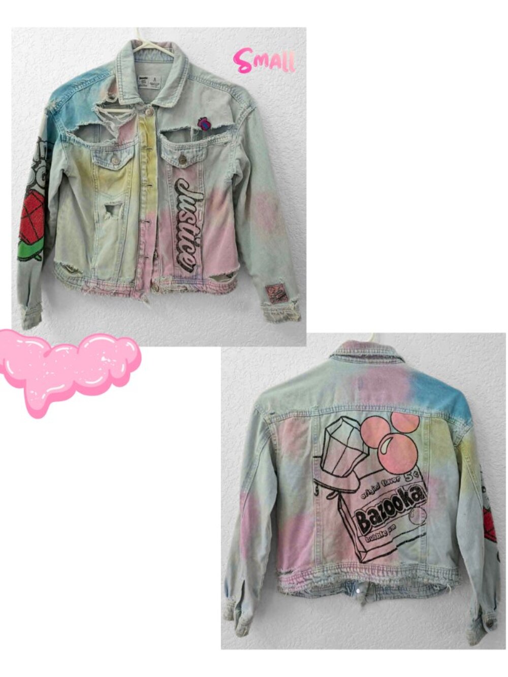 Deadstock Justice x Bazooka Ring Pop Girls Pastel Distressed Denim Jacket Y2K S